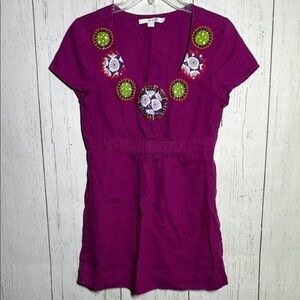 Boden Linen Ruched Waist Beaded Circle Floral Short Sleeve Blouse Size 6